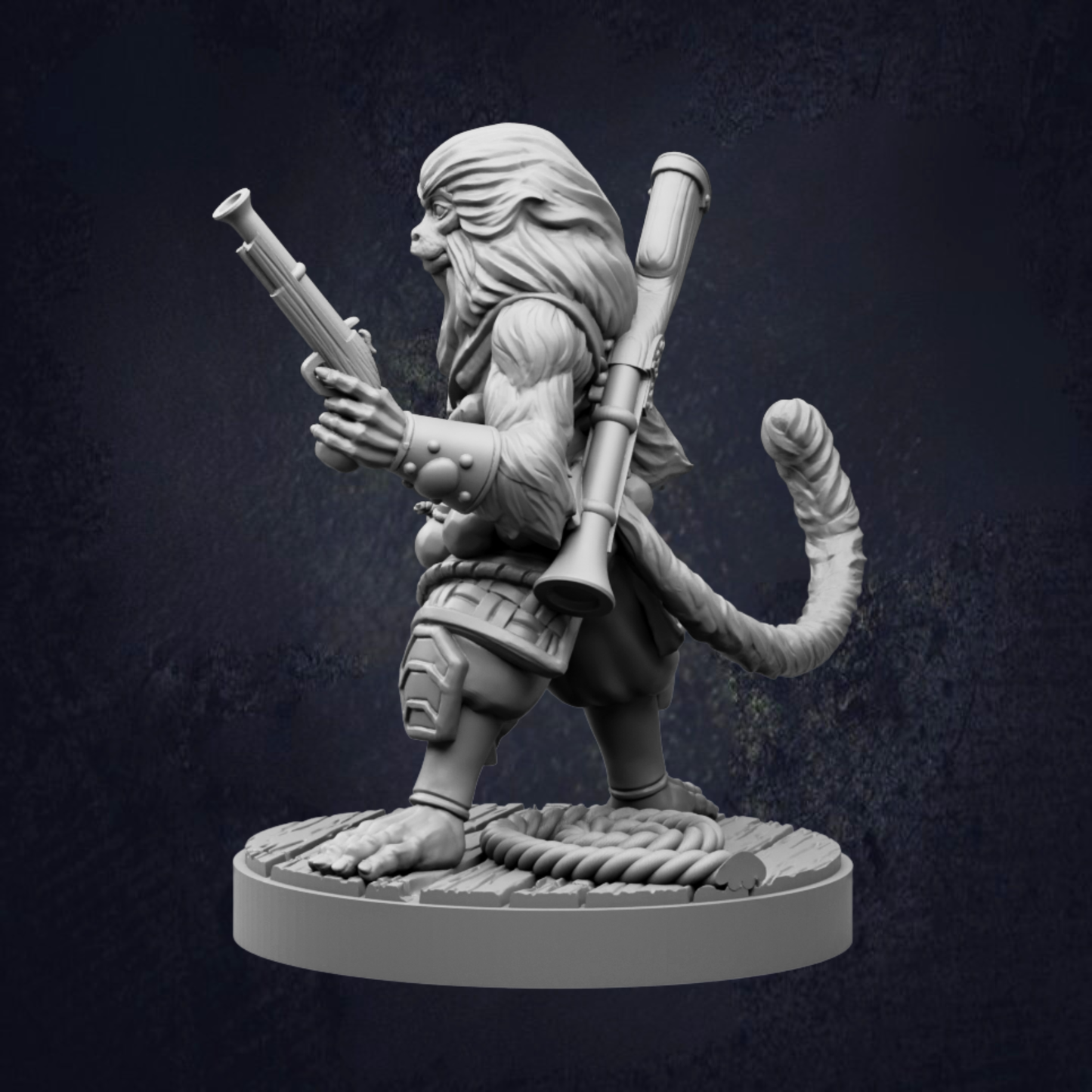 A 3D model of a monkey-like creature holding a gun and standing on a platform.