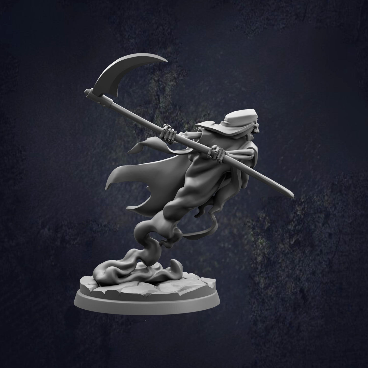 A 3D rendering of a ghost-like figure holding a large weapon, standing on a rock against a dark background.