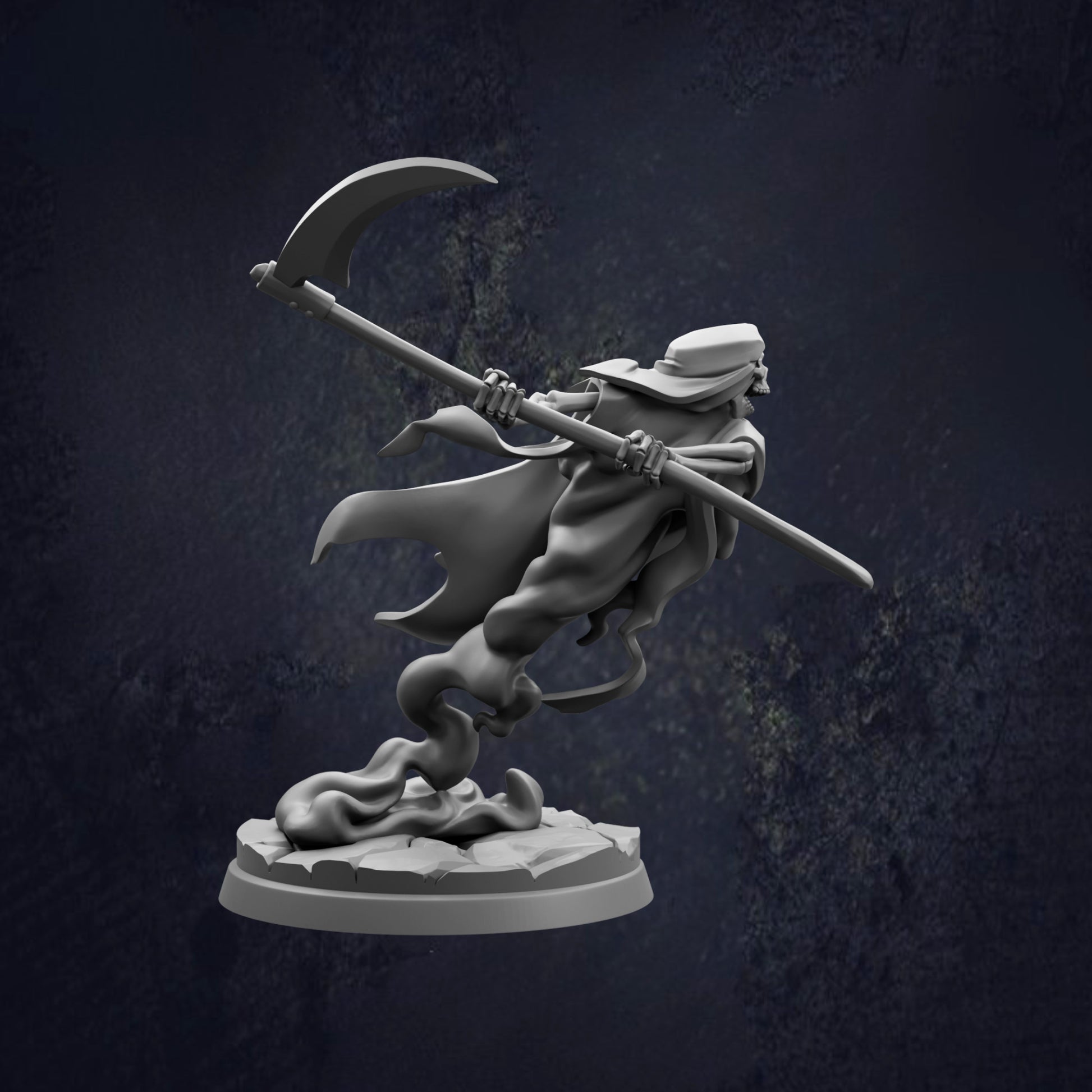A 3D rendering of a ghost-like figure holding a large weapon, standing on a rock against a dark background.