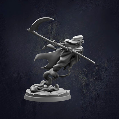 A 3D rendering of a ghost-like figure holding a large weapon, standing on a rock against a dark background.