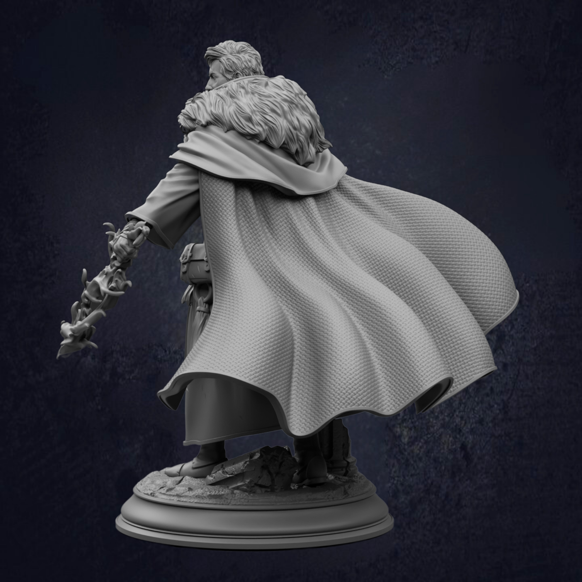 A detailed 3D model of a person wearing a cape and holding a weapon, standing against a dark background.