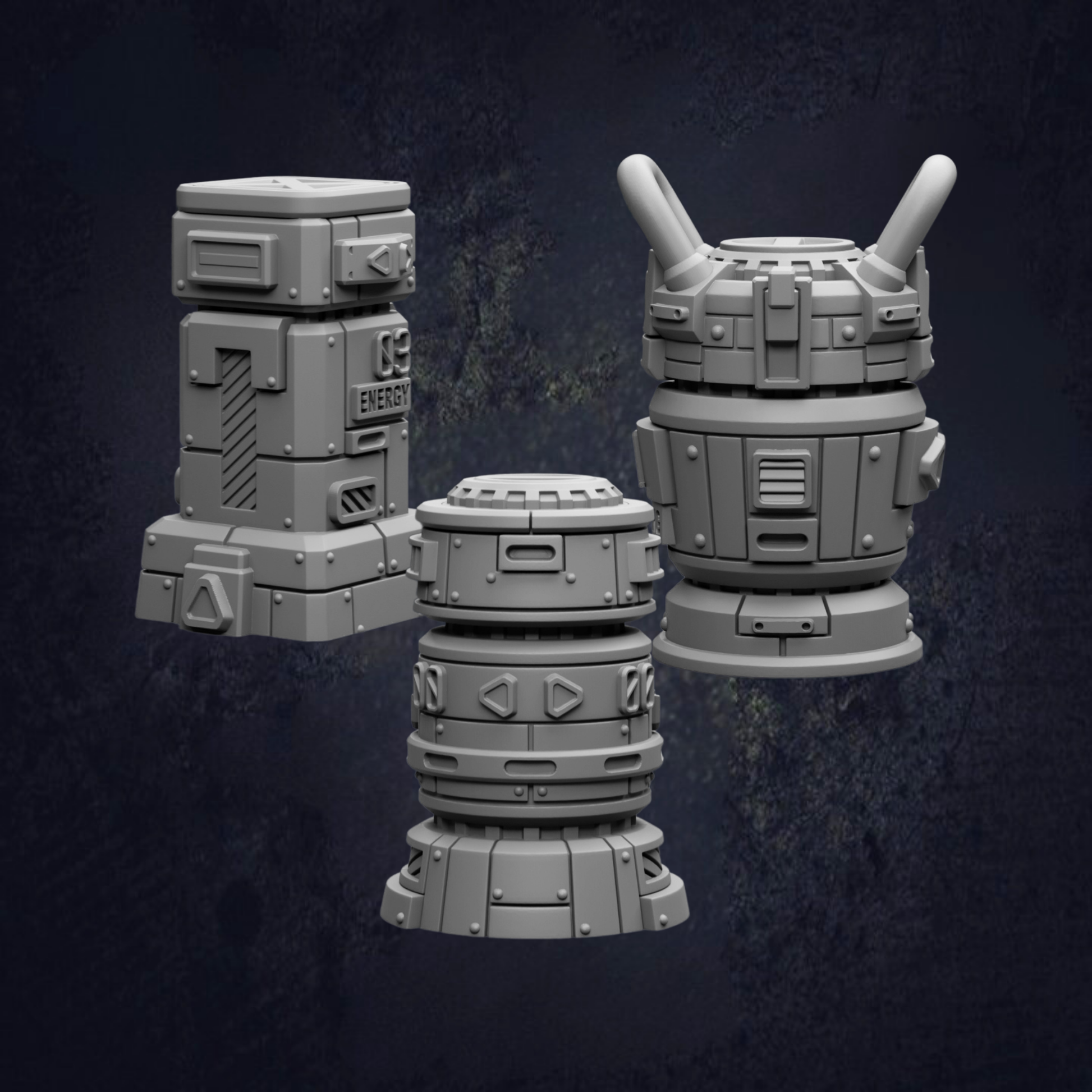 three 3D models of futuristic-looking objects, including a cylindrical structure, a cylindrical structure with a pointed top, and a cylindrical structure with a pointed top and a dome-like top.