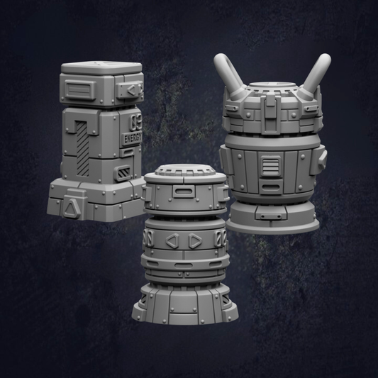 three 3D models of futuristic-looking objects, including a cylindrical structure, a cylindrical structure with a pointed top, and a cylindrical structure with a pointed top and a dome-like top.