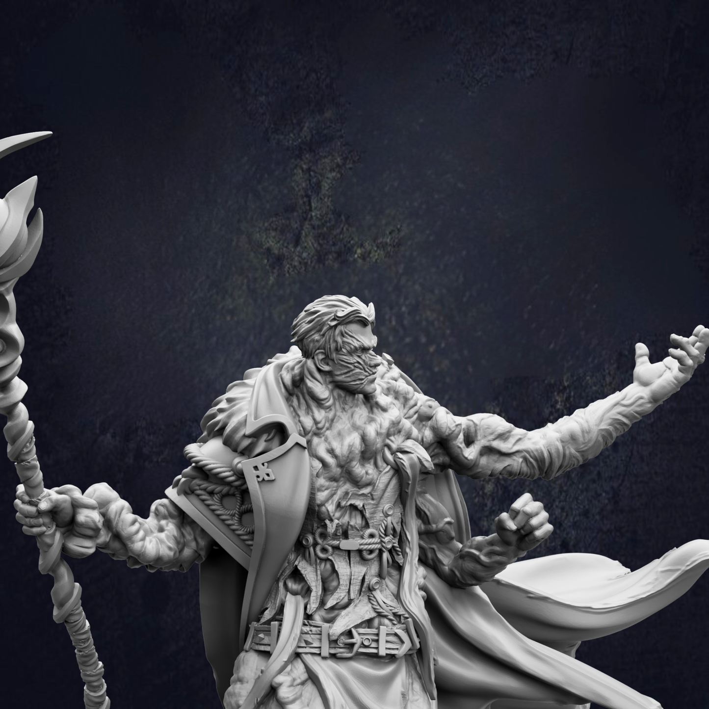 A detailed 3D model of a fantasy character, possibly a warrior or deity, with intricate armor and flowing robes. The character is depicted in a dynamic pose, with one hand raised and the other extended. The background is dark and textured, providing a stark contrast to the figure. The image does not contain any text or additional objects, and the character is the sole focus of the composition.