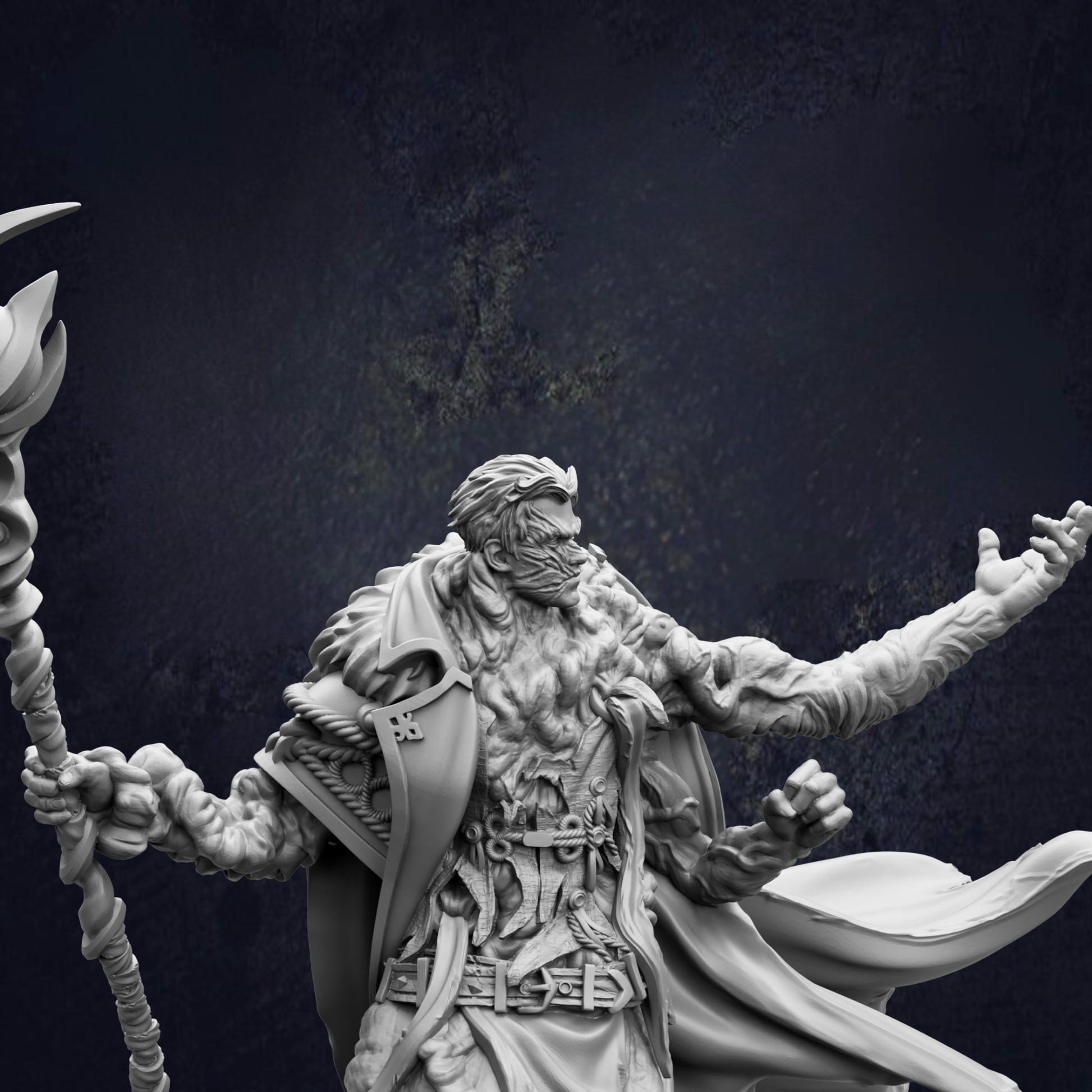 A detailed 3D model of a fantasy character, possibly a warrior or deity, with intricate armor and flowing robes. The character is depicted in a dynamic pose, with one hand raised and the other extended. The background is dark and textured, providing a stark contrast to the figure. The image does not contain any text or additional objects, and the character is the sole focus of the composition.