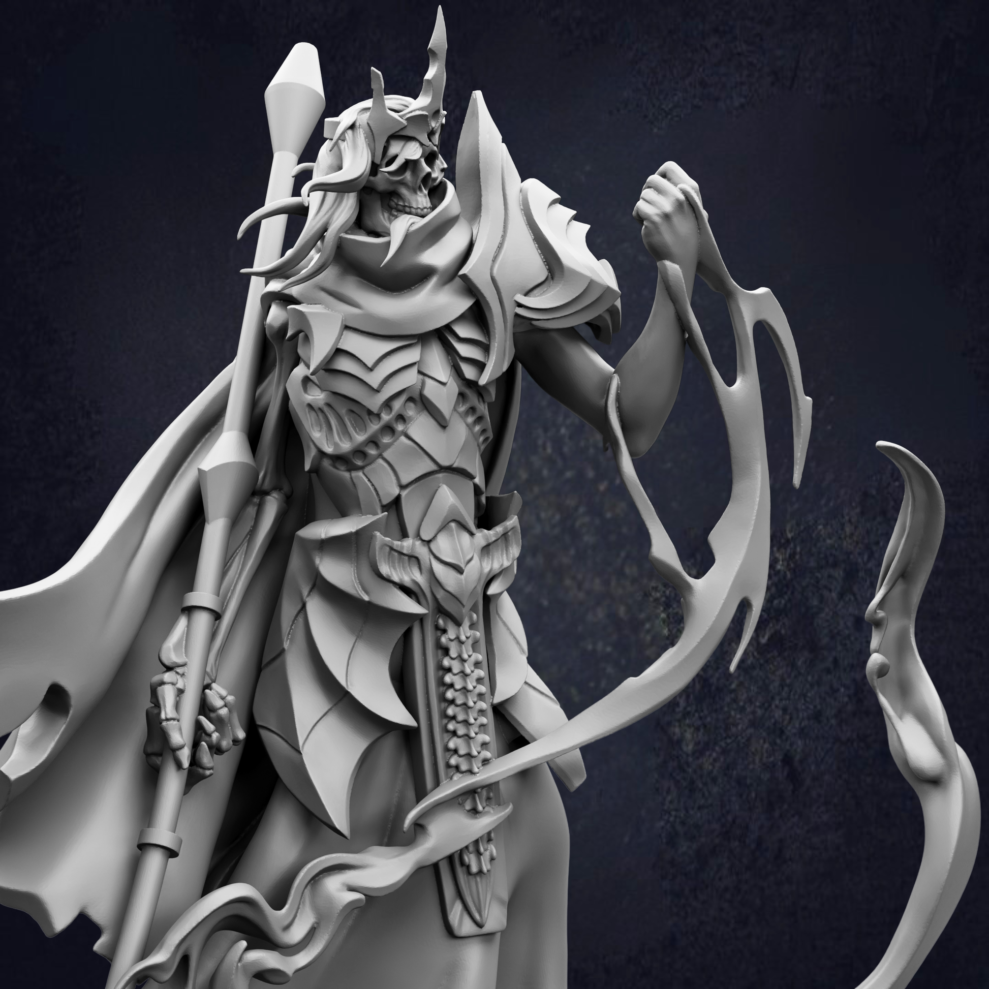 A detailed 3D rendering of a fantastical, armored figure with a skull-like head, wielding a weapon and surrounded by intricate, flowing designs.