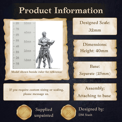The image is a product information graphic that provides details about a model shown beside a ruler for reference. It includes dimensions, a base, and assembly instructions.