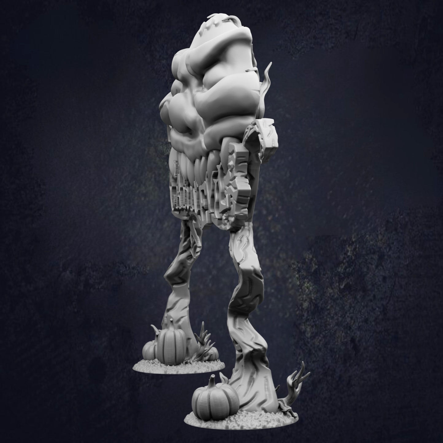 A 3D rendering of a skull-like figure with a twisted, gnarled body and a large head, standing on a base with two small pumpkins.