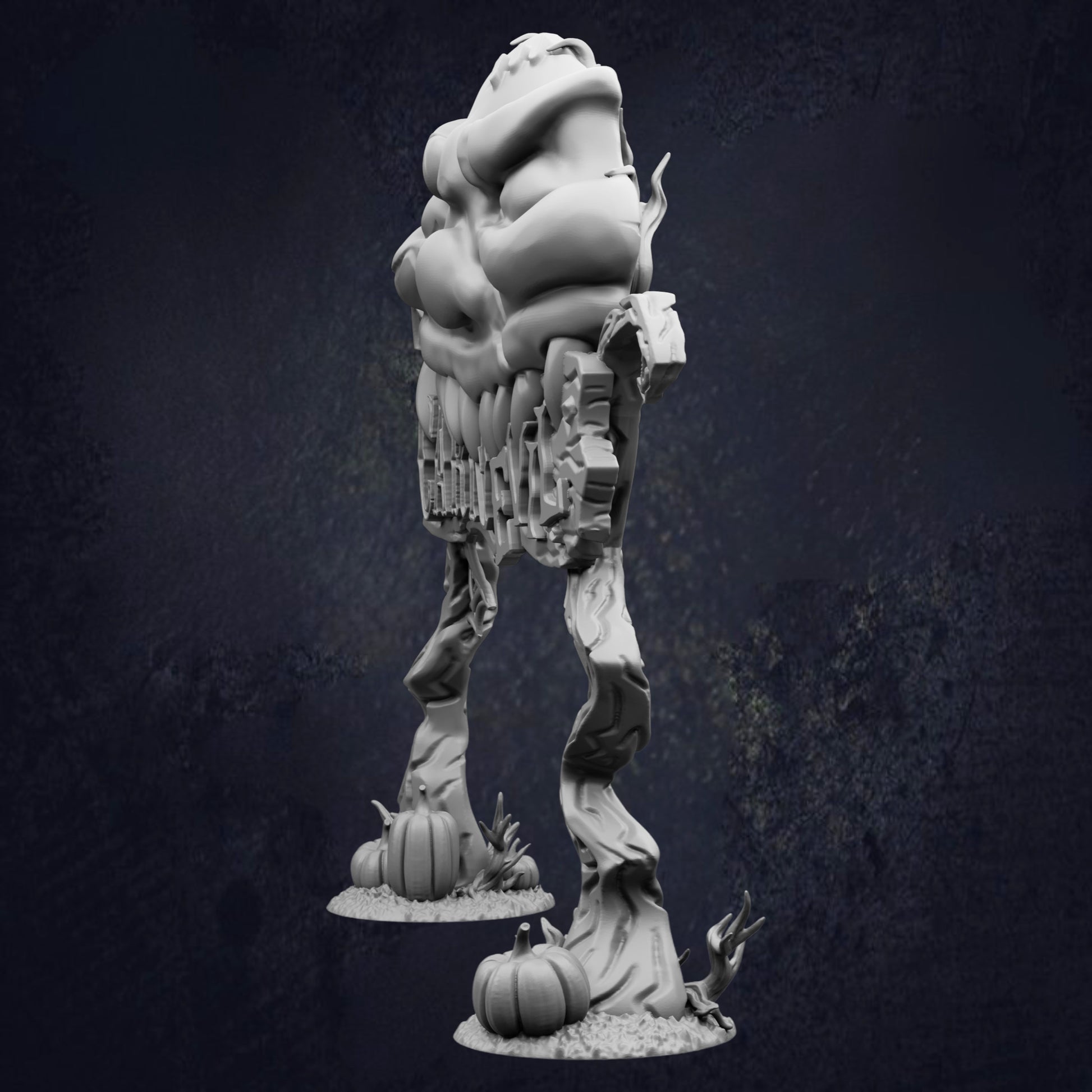 A 3D rendering of a skull-like figure with a twisted, gnarled body and a large head, standing on a base with two small pumpkins.