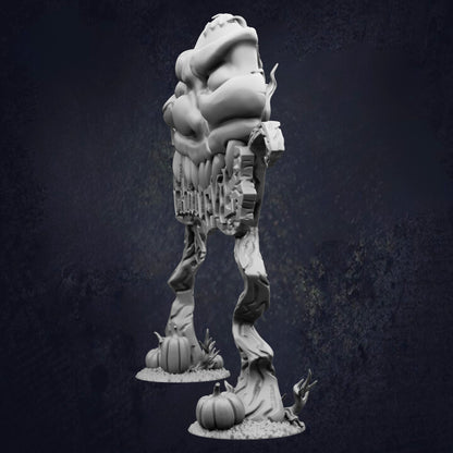 A 3D rendering of a skull-like figure with a twisted, gnarled body and a large head, standing on a base with two small pumpkins.