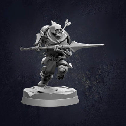 A 3D rendering of a skeletal warrior figure wielding a spear and shield, set against a dark background.