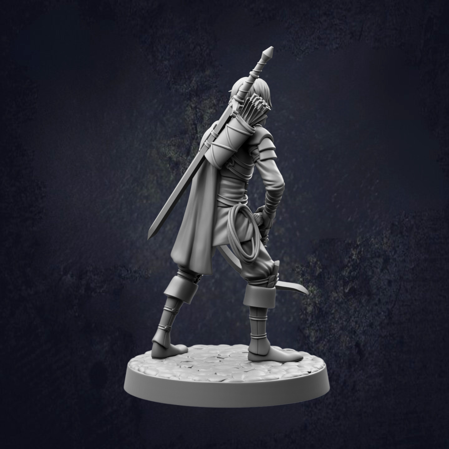 A 3D model of a warrior figure holding a sword and shield, standing on a platform against a dark background.