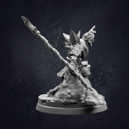 A detailed 3D model of a warrior figure wielding a spear and shield, standing on a rocky outcropping against a dark background.