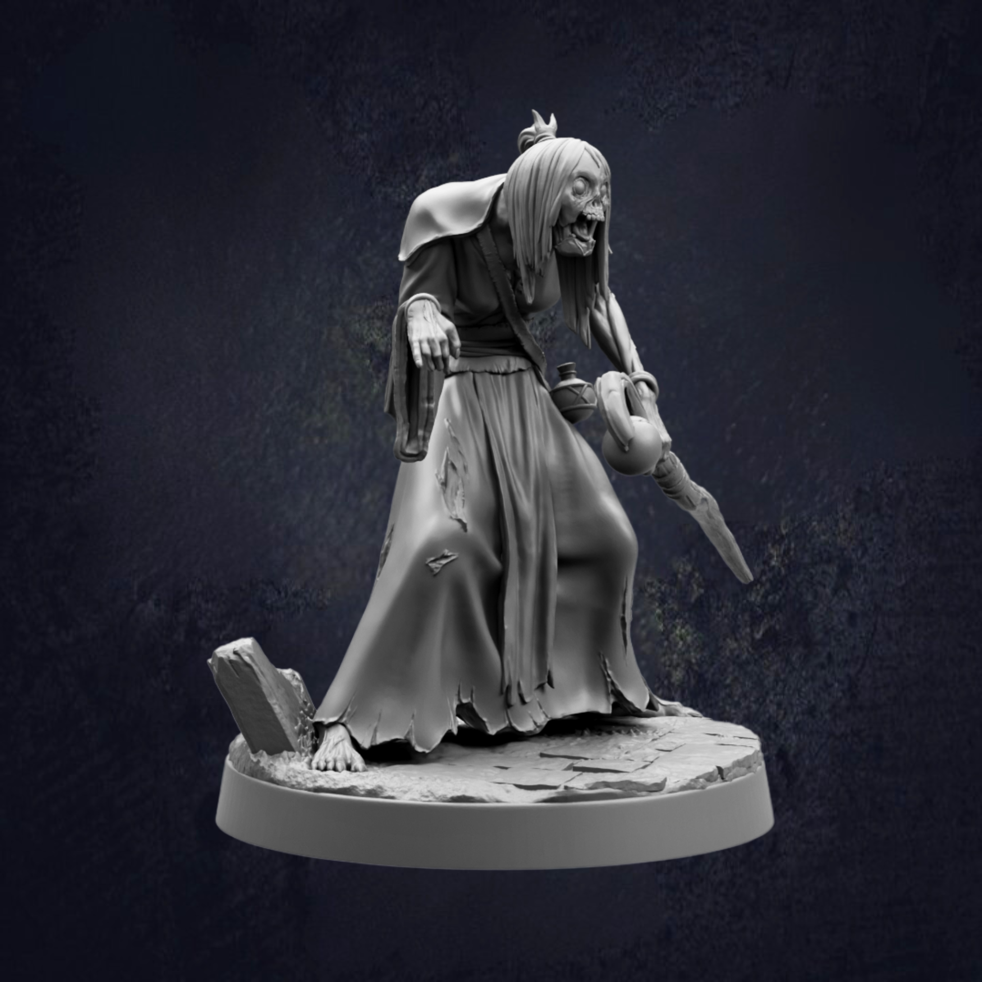 A dark, ominous statue of a twisted, skeletal figure with a long, flowing robe and a pointed hat, holding a weapon and standing on a rock.