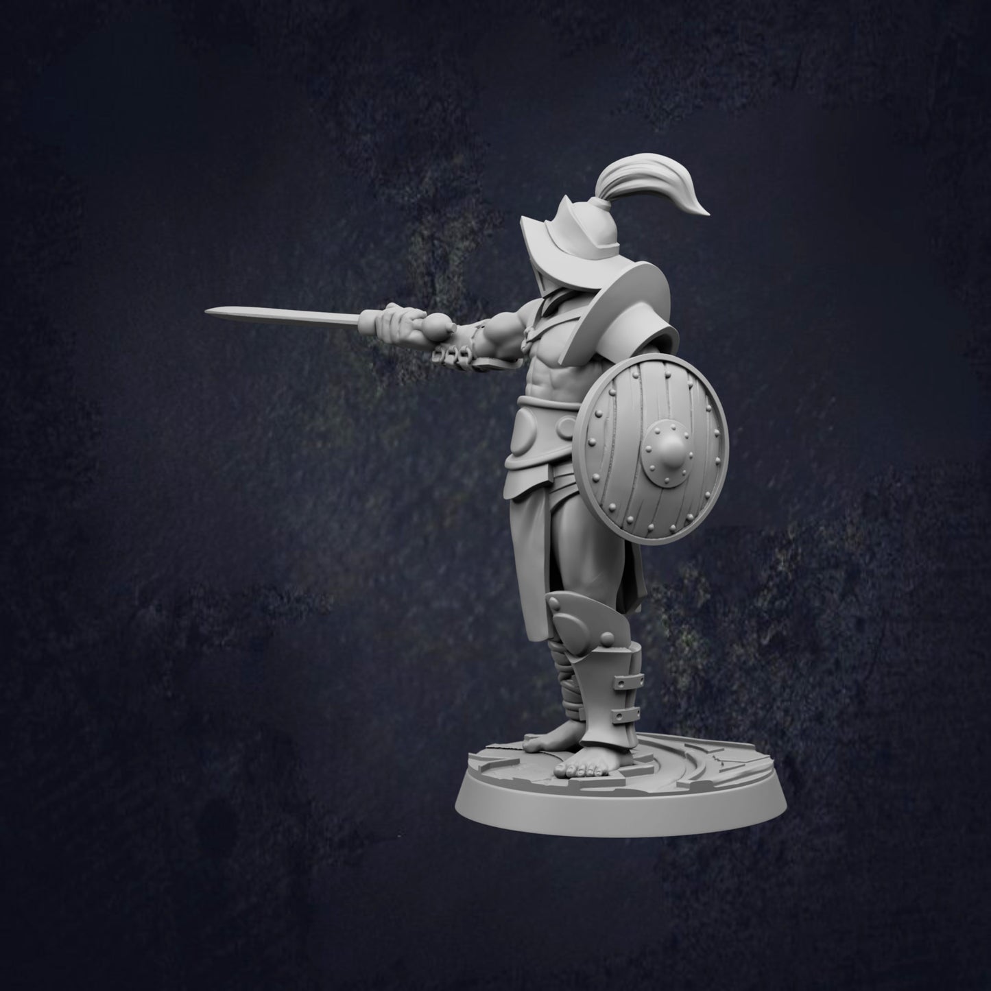 A 3D model of a warrior figure holding a sword and shield, standing in a defensive stance.
