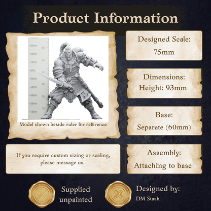 The image is a product information graphic that provides details about a 75mm model shown beside a ruler for reference. It includes dimensions, a base, and assembly instructions. The image is a collage of multiple images, and it is not a single image but a collection of images. The phrase "Designated by: DM Stash" is also present in the image.