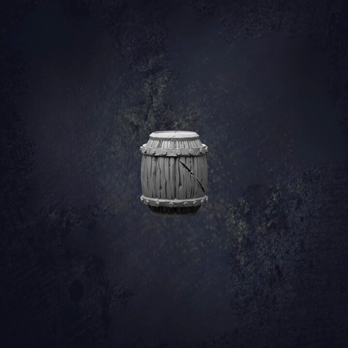 A wooden barrel with a curved top and a small hole in the center, floating against a dark background.