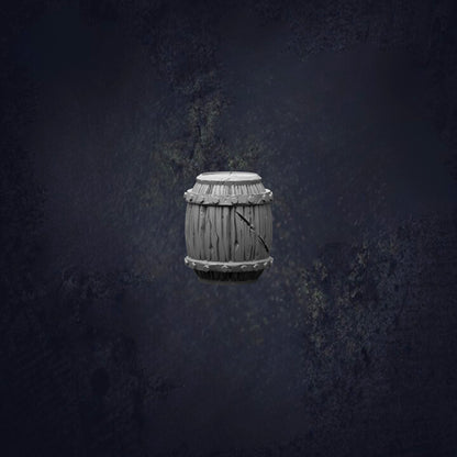 A wooden barrel with a curved top and a small hole in the center, floating against a dark background.
