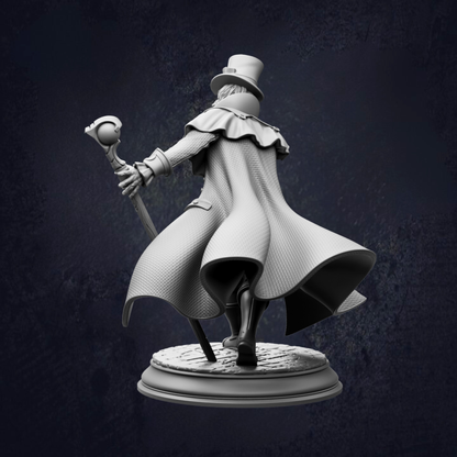 A statue of a person wearing a top hat and coat, holding a cane and walking on a platform.