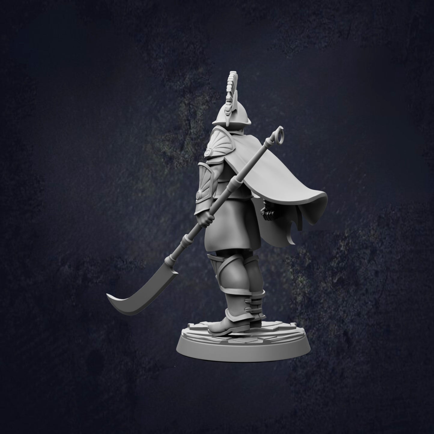 A 3D model of a warrior figure holding a sword and shield, standing in a defensive stance against a dark background.