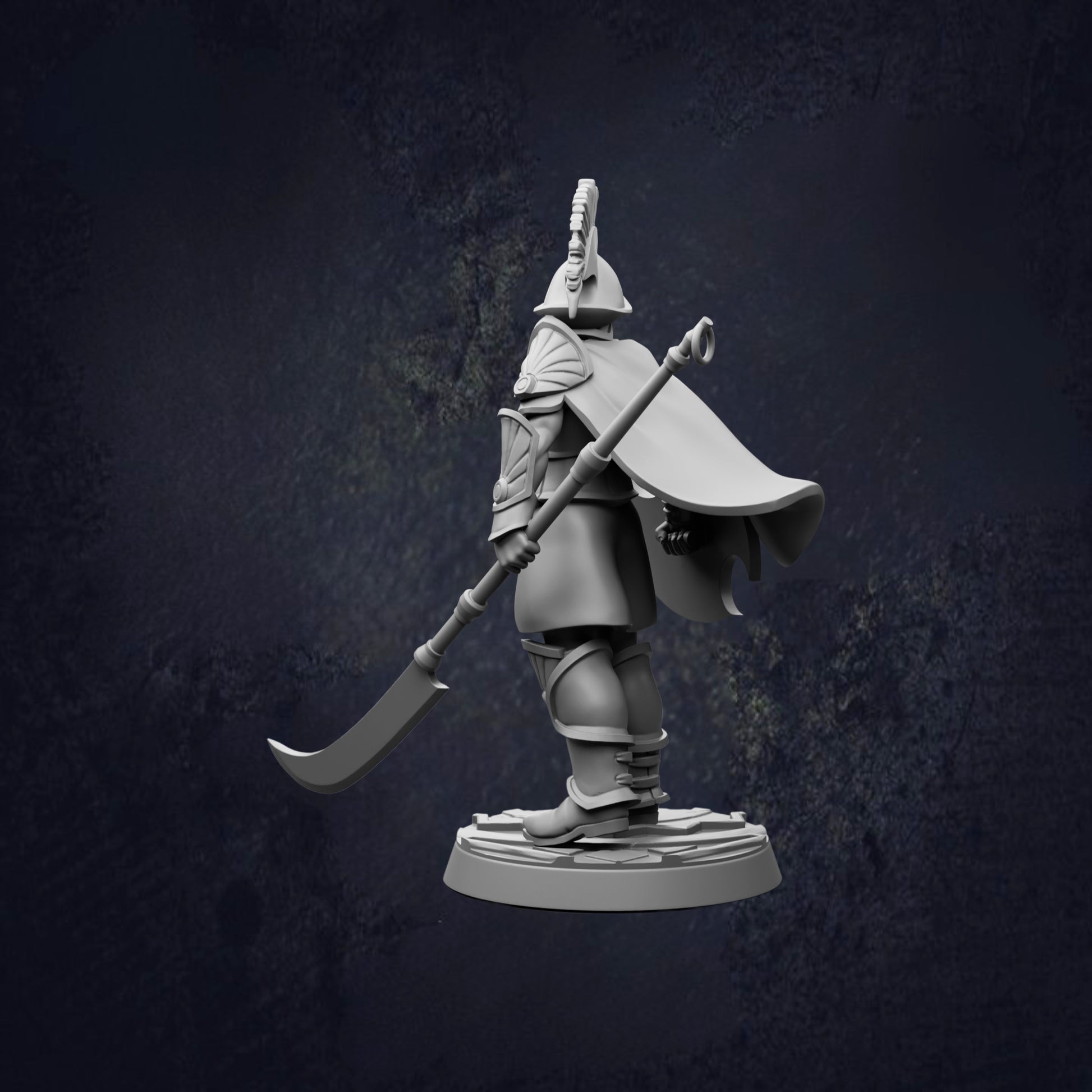 A 3D model of a warrior figure holding a sword and shield, standing in a defensive stance against a dark background.