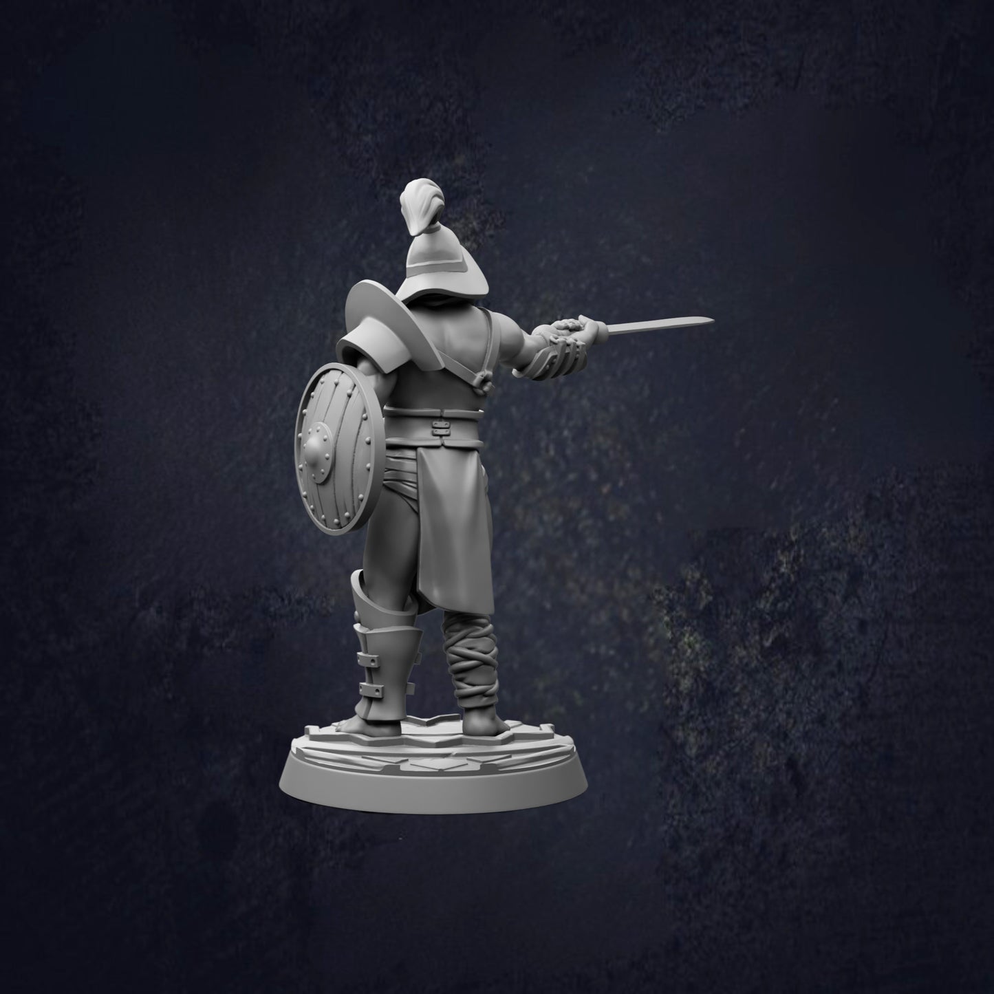 A 3D model of a knight in armor, holding a sword and shield, standing in a defensive stance against a dark background.