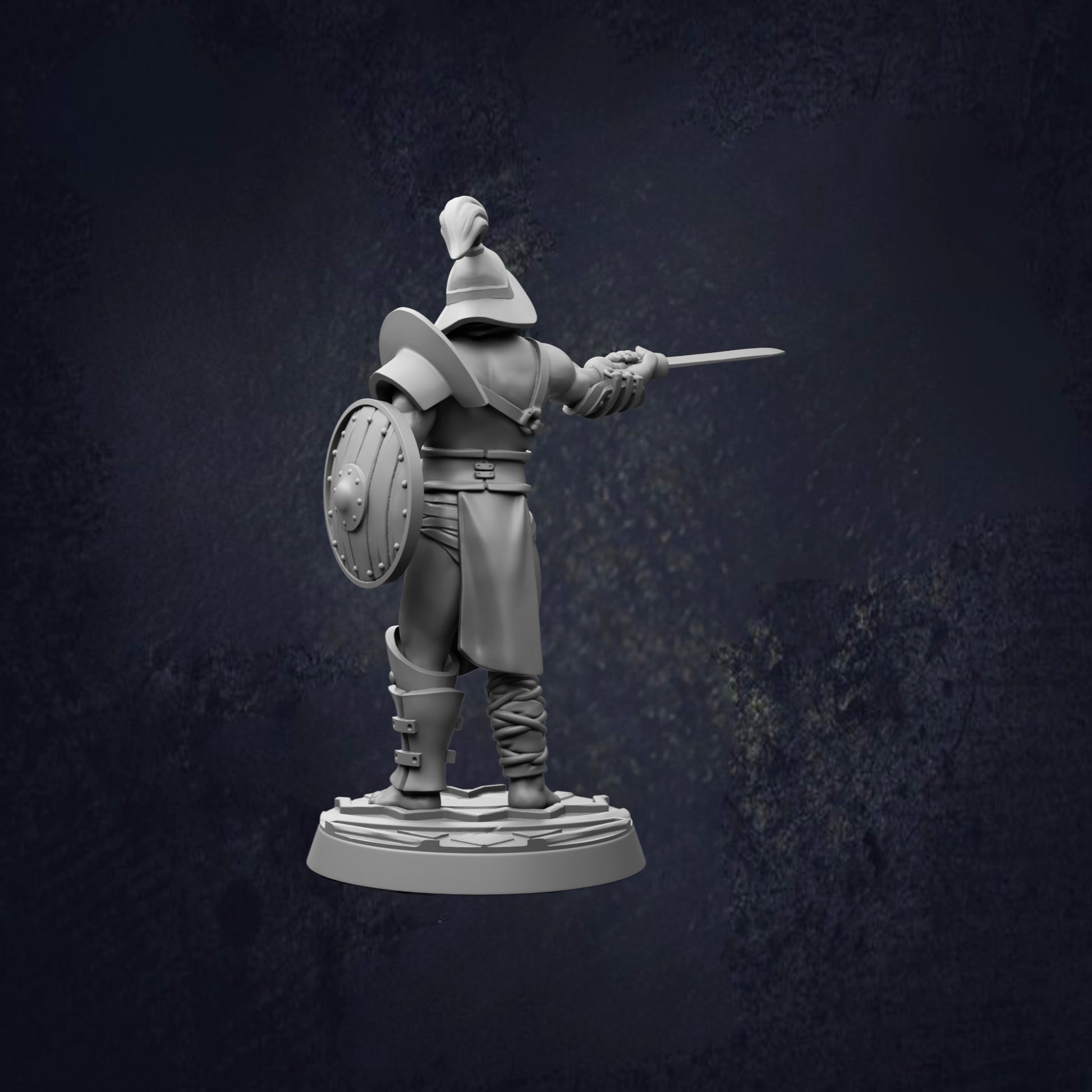 A 3D model of a knight in armor, holding a sword and shield, standing in a defensive stance against a dark background.