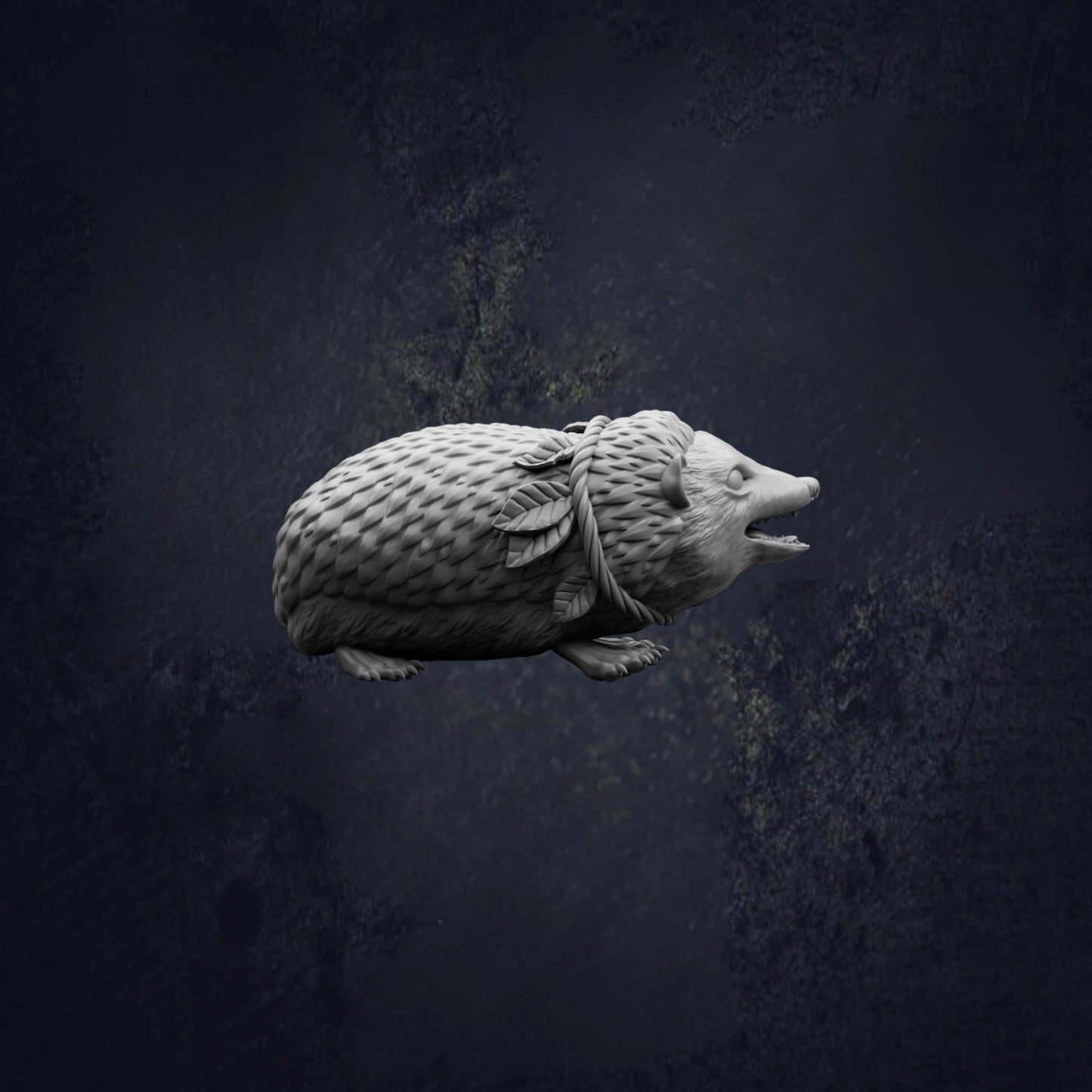 A white sculpture of a hedgehog is shown against a dark background.