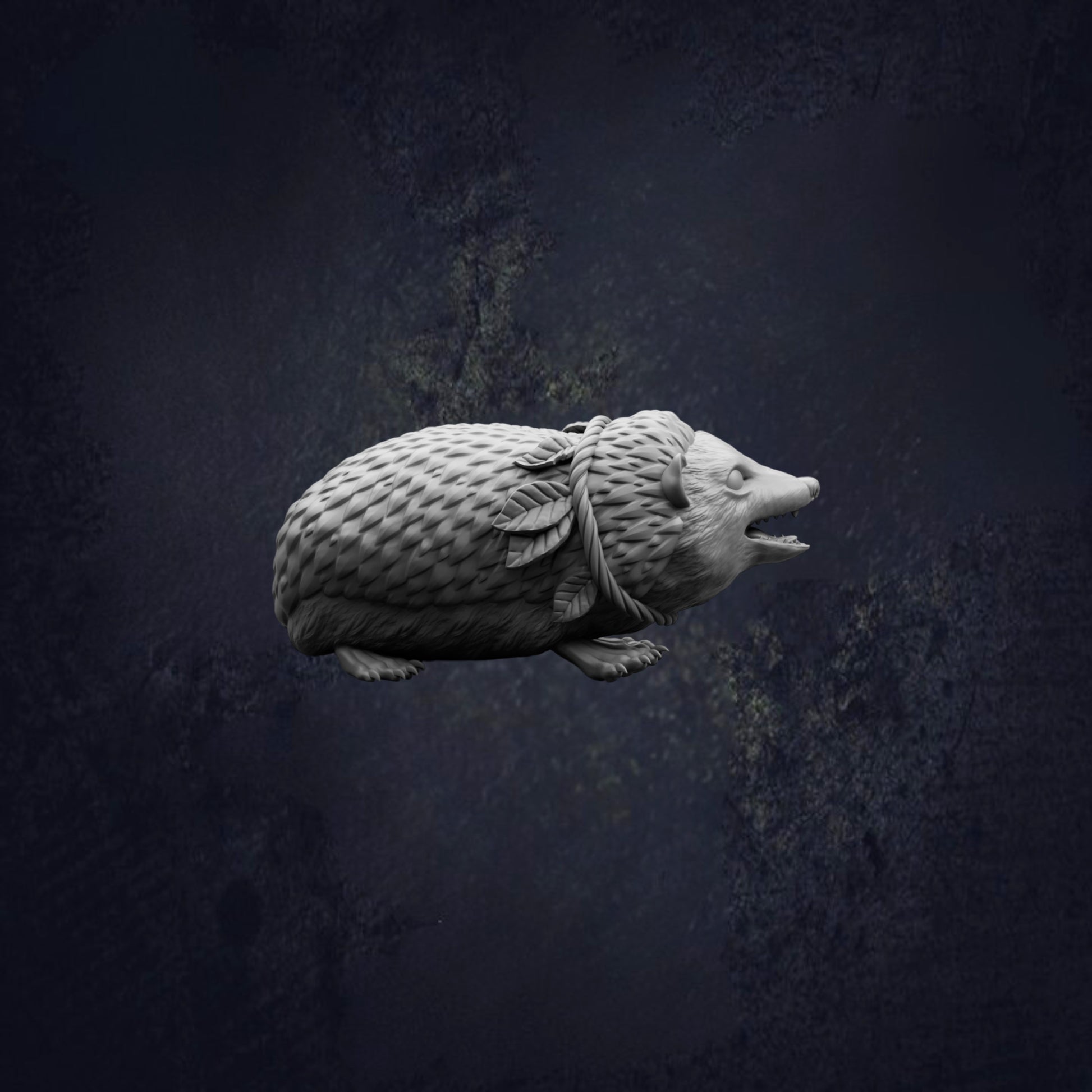 A white sculpture of a hedgehog is shown against a dark background.