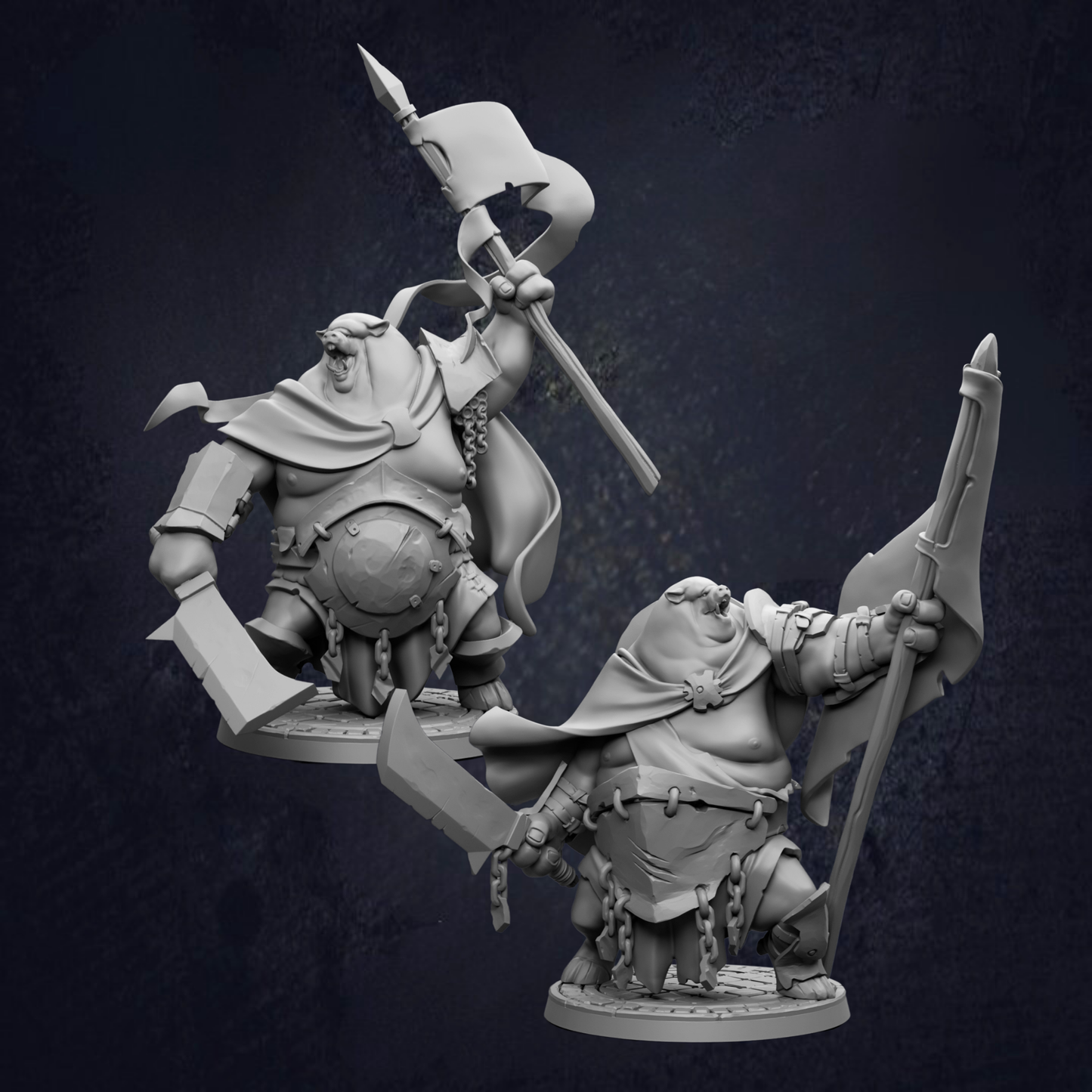 two large, imposing figures with battle-ready weapons, such as swords and spears, set against a dark background.