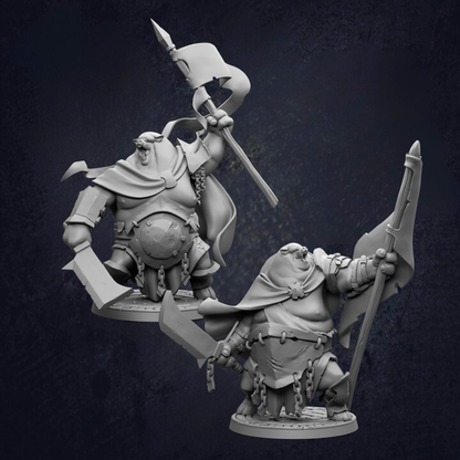two large, imposing figures with battle-ready weapons, such as swords and spears, set against a dark background.