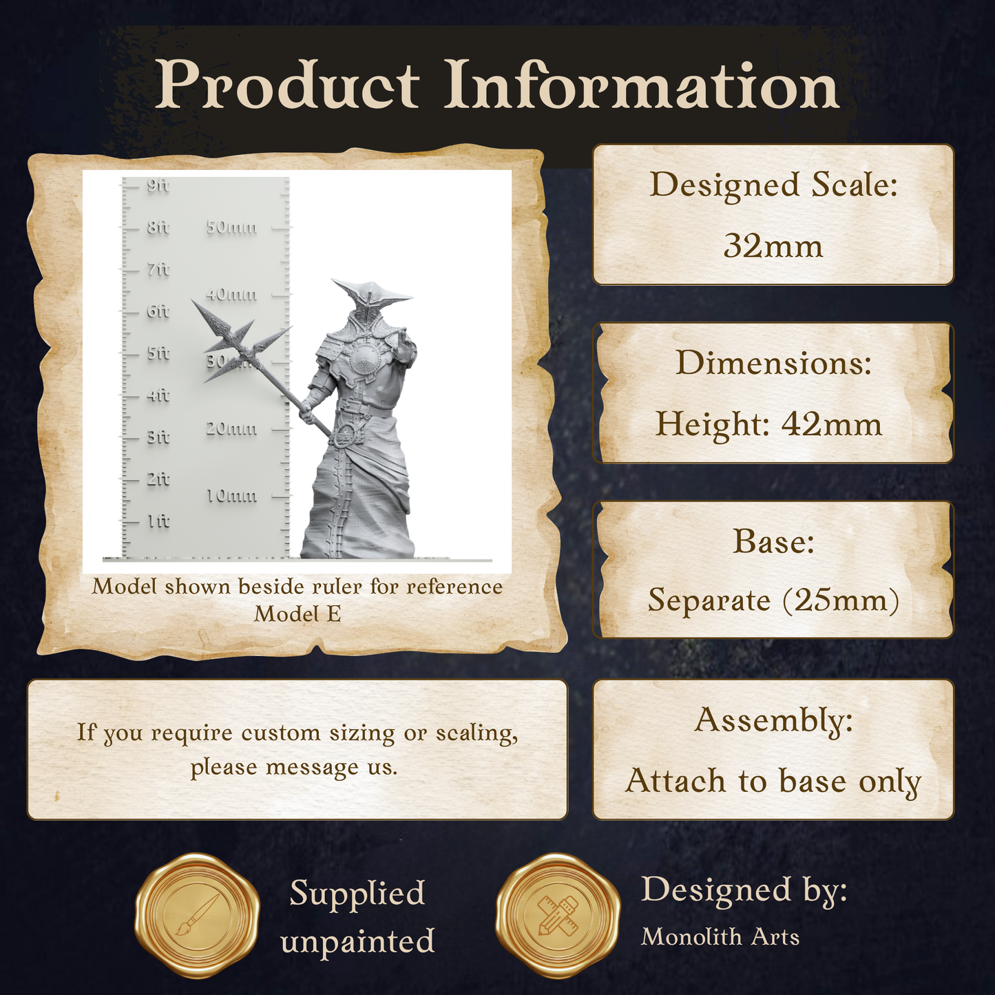 The image is a product information graphic for a model called "Model E". It includes dimensions, a base, and assembly instructions. The model is shown beside a ruler for reference. The product is designed by Monolith Arts.