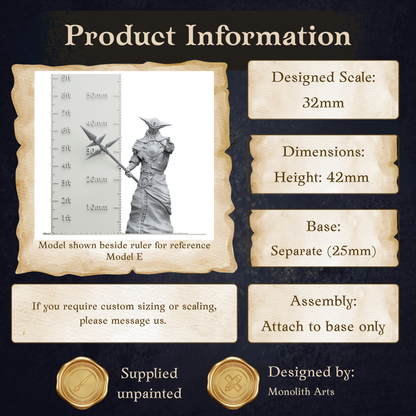 The image is a product information graphic for a model called "Model E". It includes dimensions, a base, and assembly instructions. The model is shown beside a ruler for reference. The product is designed by Monolith Arts.
