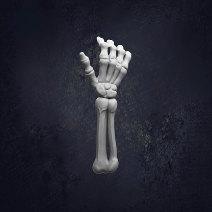 A white skeletal hand is shown against a dark background.