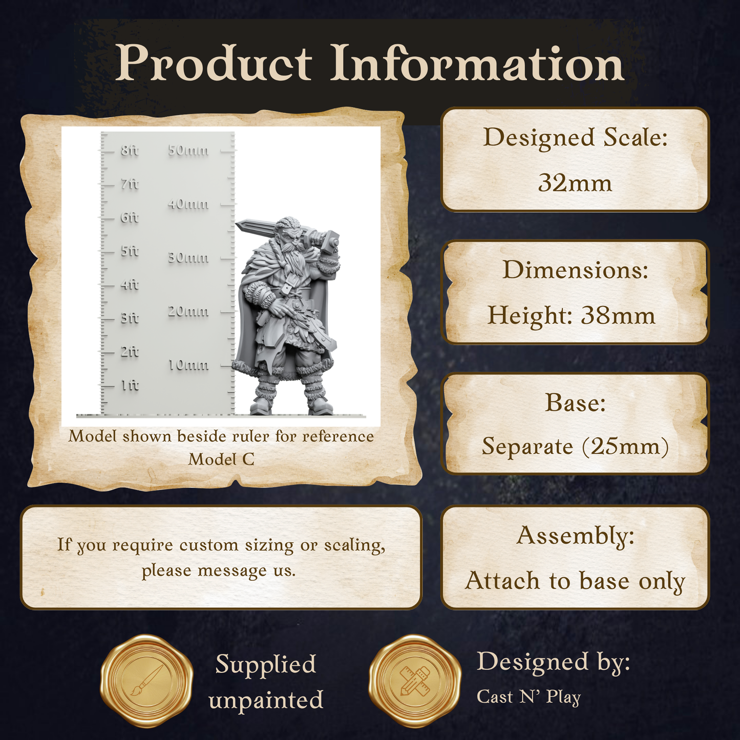 The image is a product information graphic for a model called "Model C", which is shown beside a ruler for reference. The model is designed in a 32mm scale and has dimensions of 38mm in height and 10mm in width. The base of the model is 25mm. The image also provides information on how to assemble the model, suggesting that it can be attached to the base only. The image is labeled as "Unpainted" and is designed by "Cast N' Play".