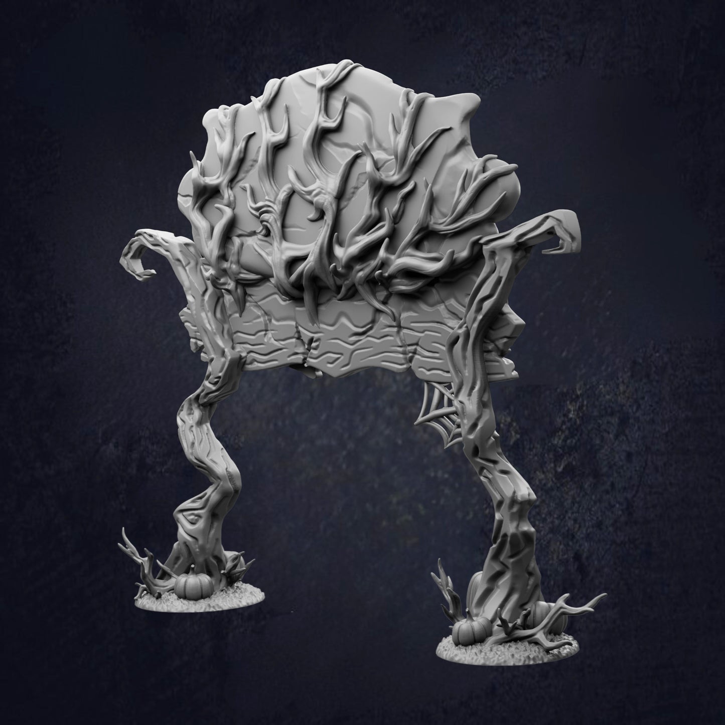A 3D rendering of a fantastical, organic-looking creature with intricate, twisted, and gnarled features, resembling a plant or tree-like structure.