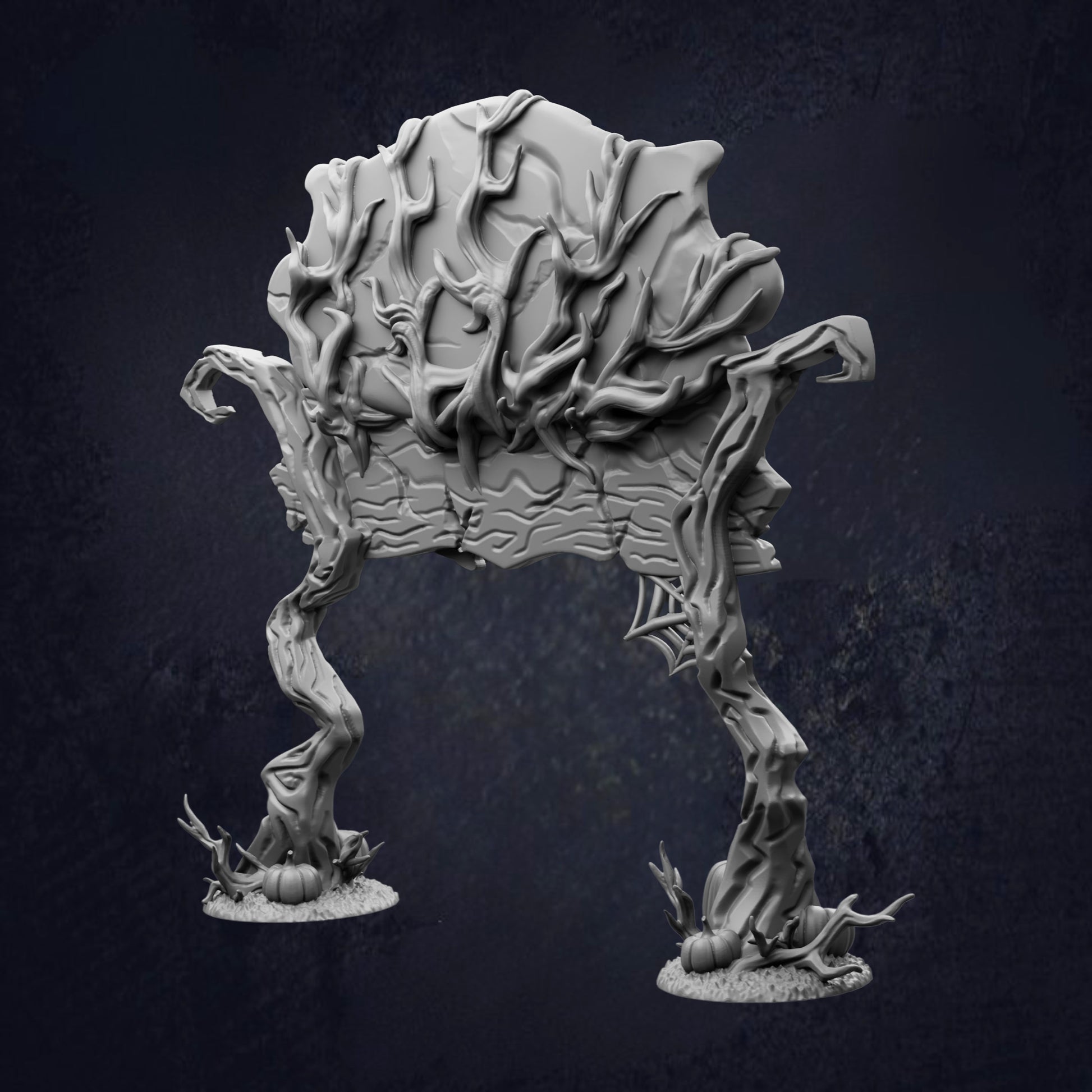 A 3D rendering of a fantastical, organic-looking creature with intricate, twisted, and gnarled features, resembling a plant or tree-like structure.