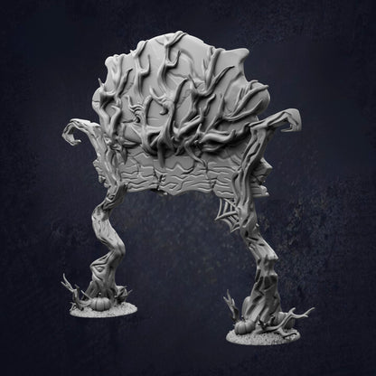 A 3D rendering of a fantastical, organic-looking creature with intricate, twisted, and gnarled features, resembling a plant or tree-like structure.