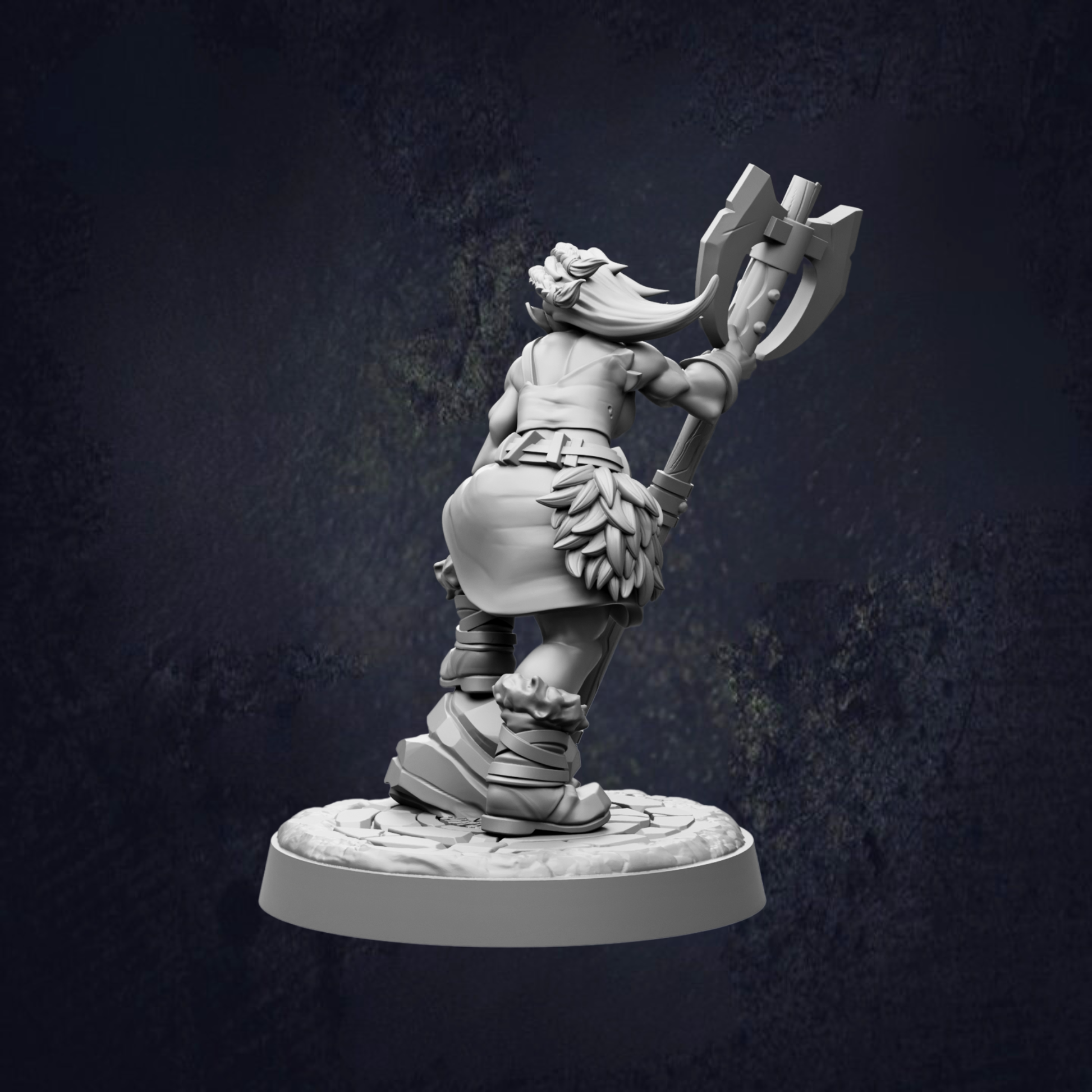 A 3D model of a female character with a large weapon, standing on a platform against a dark background.