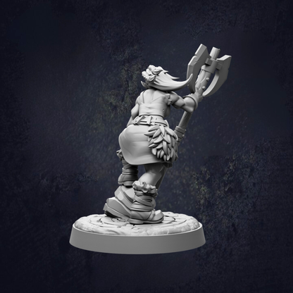 A 3D model of a female character with a large weapon, standing on a platform against a dark background.