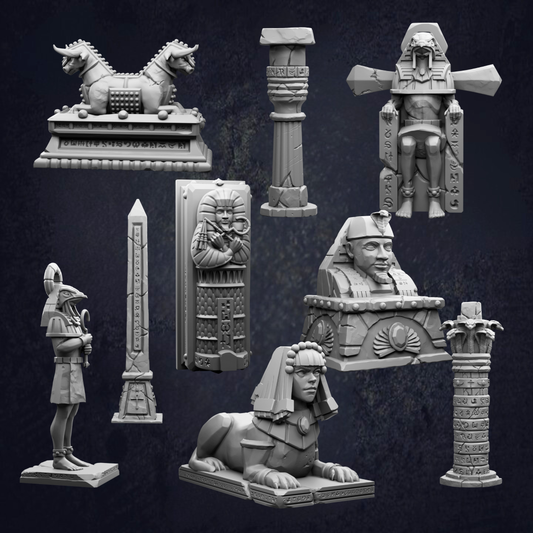 a collection of various ancient Egyptian statues and monuments, including a sphinx, a pharaoh's throne, a pyramid, and a statue of a deity.