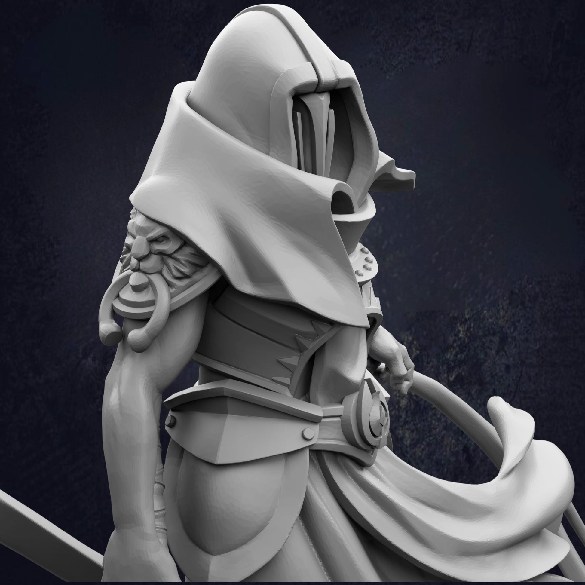 A detailed 3D rendering of a fantasy character, possibly a knight or warrior, with a flowing cape and a helmet. The character appears to be in a dynamic pose, with a sword in hand.
