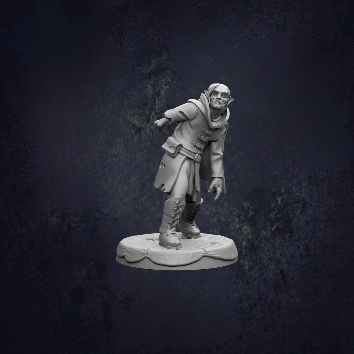 A 3D model of a character in a fantasy setting, standing on a platform against a dark background.