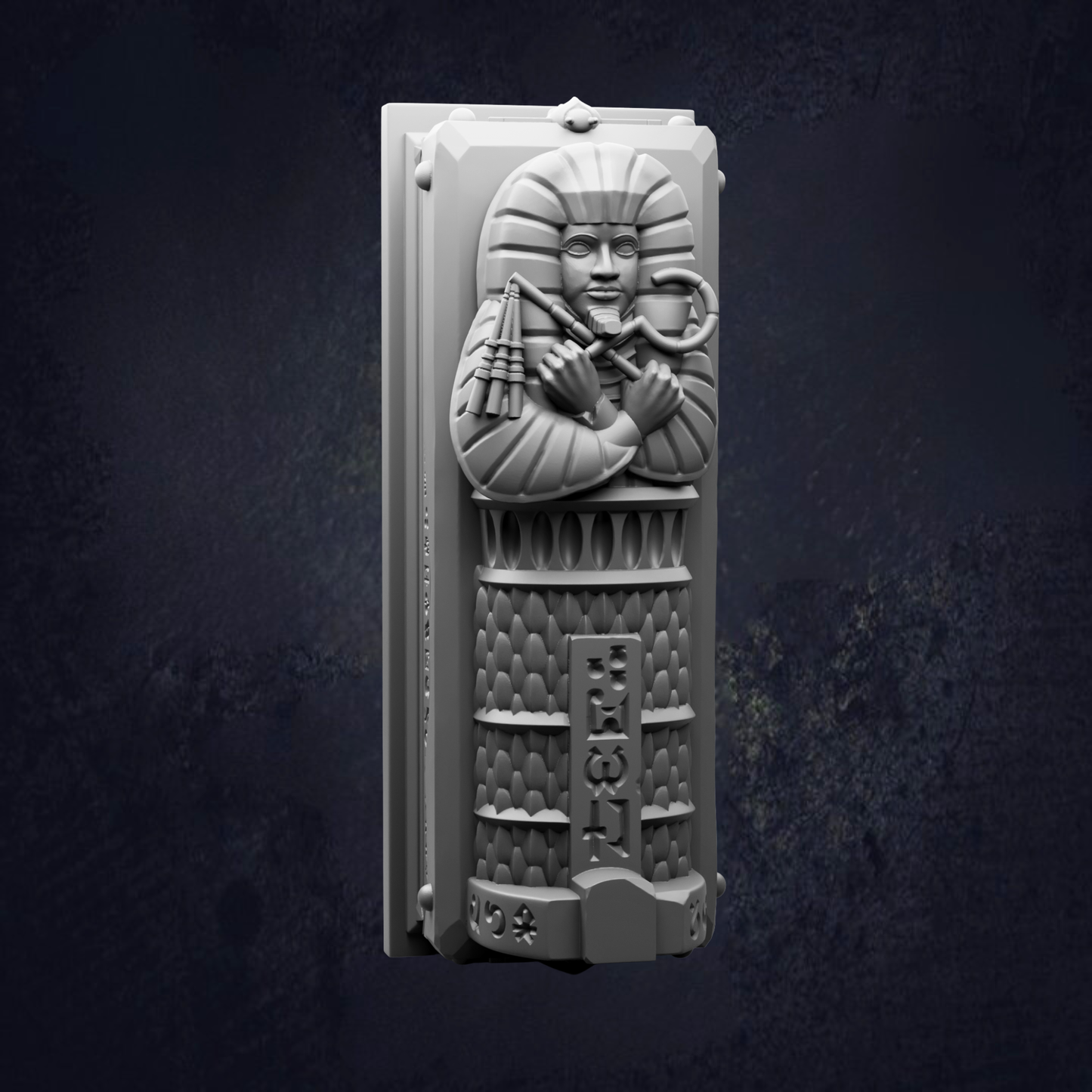 A 3D rendering of a stone sculpture depicting a figure with a headdress and holding a staff, set against a dark background.