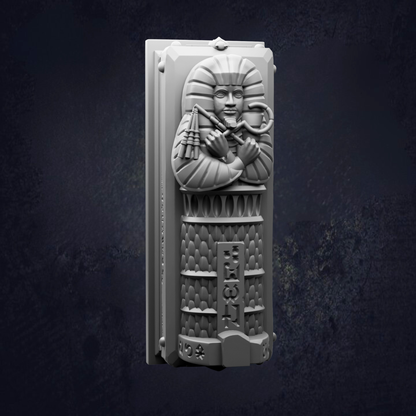 A 3D rendering of a stone sculpture depicting a figure with a headdress and holding a staff, set against a dark background.