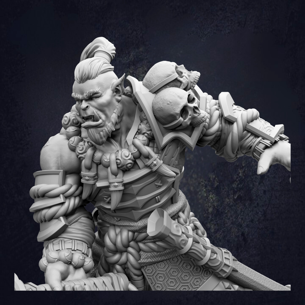 A detailed 3D model of a warrior figure, with intricate armor and weapons, is shown in the image.