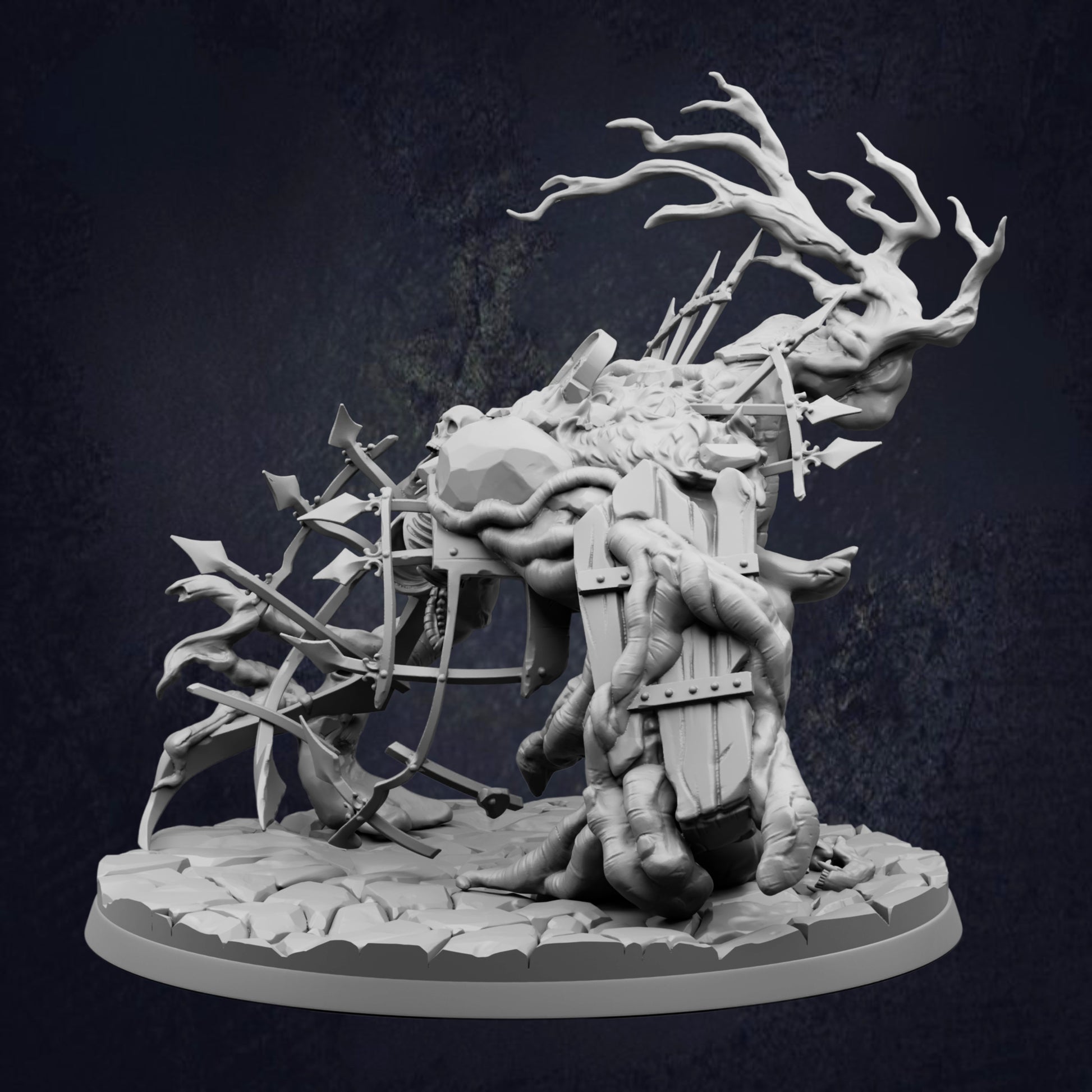 A detailed 3D rendering of a fantastical creature with intricate, organic features and a complex, tangled structure.
