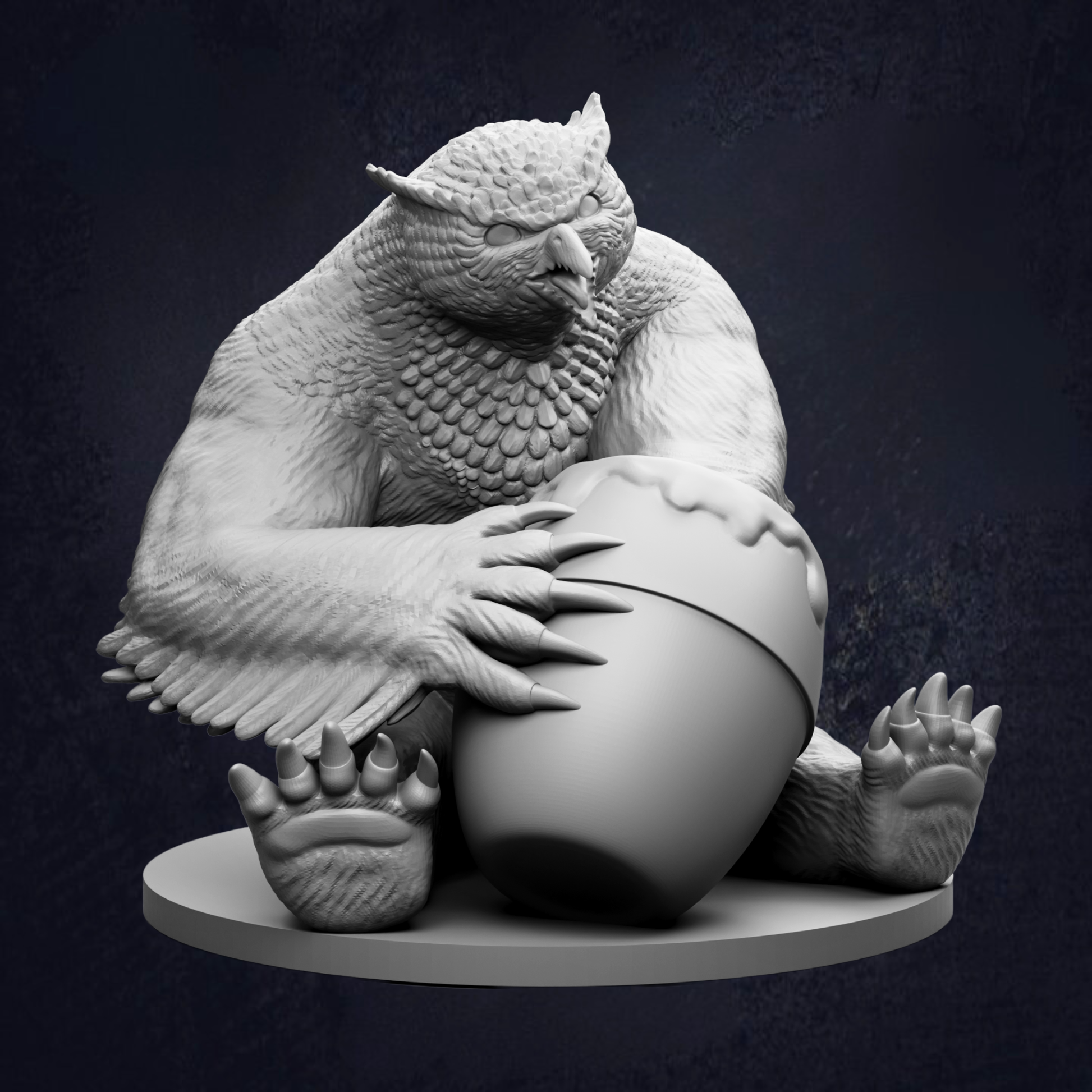 A 3D rendering of a large, furry creature with sharp claws and a fierce expression, holding a large object in its paws.