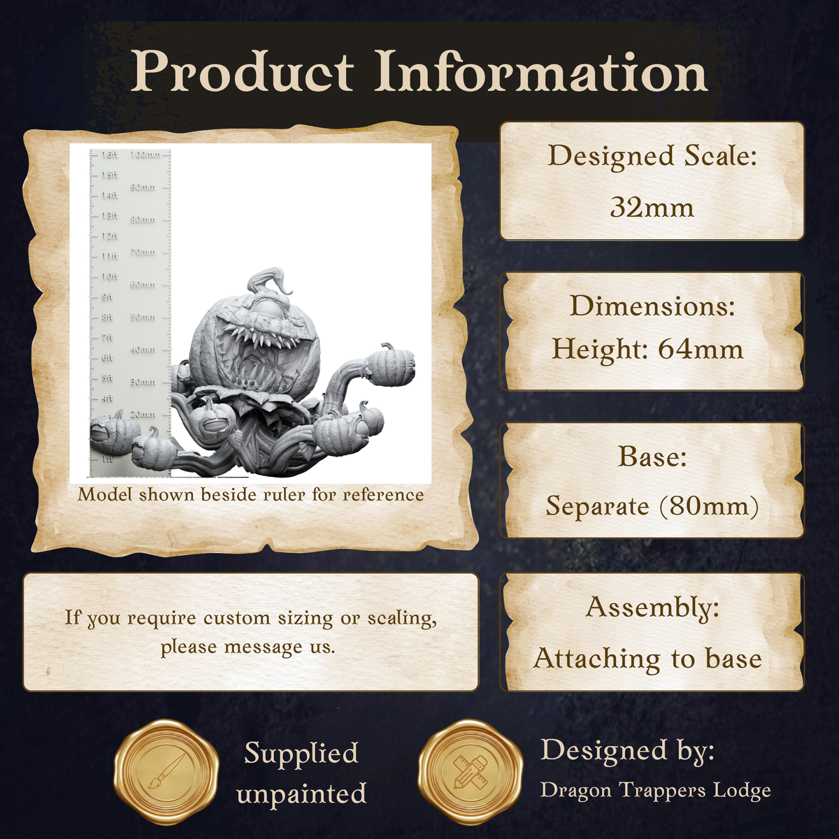 The image is a product information display featuring a model shown beside a ruler for reference. The model is designed in a 32mm scale, with dimensions of 64mm in height and a base of 80mm. The display includes information about the customizing and assembling options, as well as the suppliers and the designer.