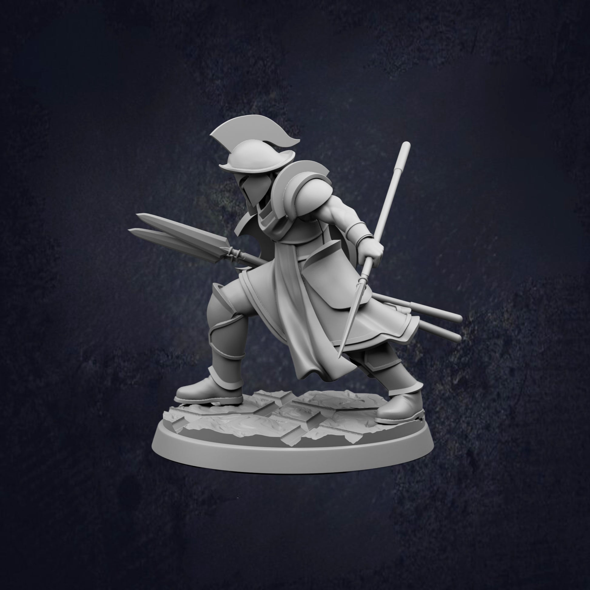 A 3D model of a warrior figure in a fighting stance, holding a spear and sword, against a dark background.